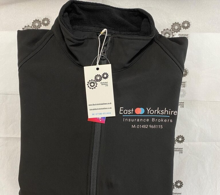Black soft shell jacket with white text and logo