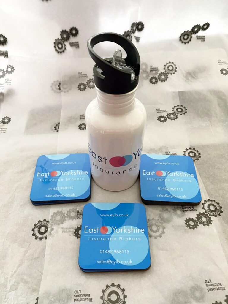 Customised coasters and water bottle for EYIB