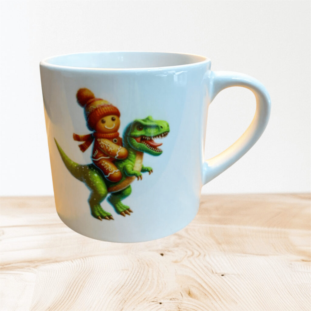 Small mug showing dinosaur and gingerbread man