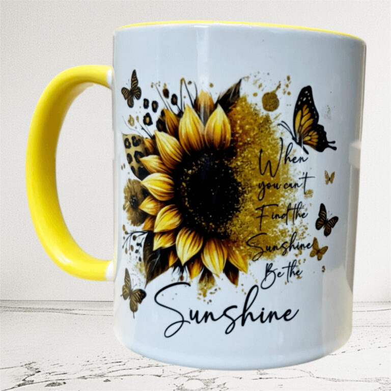 Yellow 2 tone mug with inspirational sunshine imagery